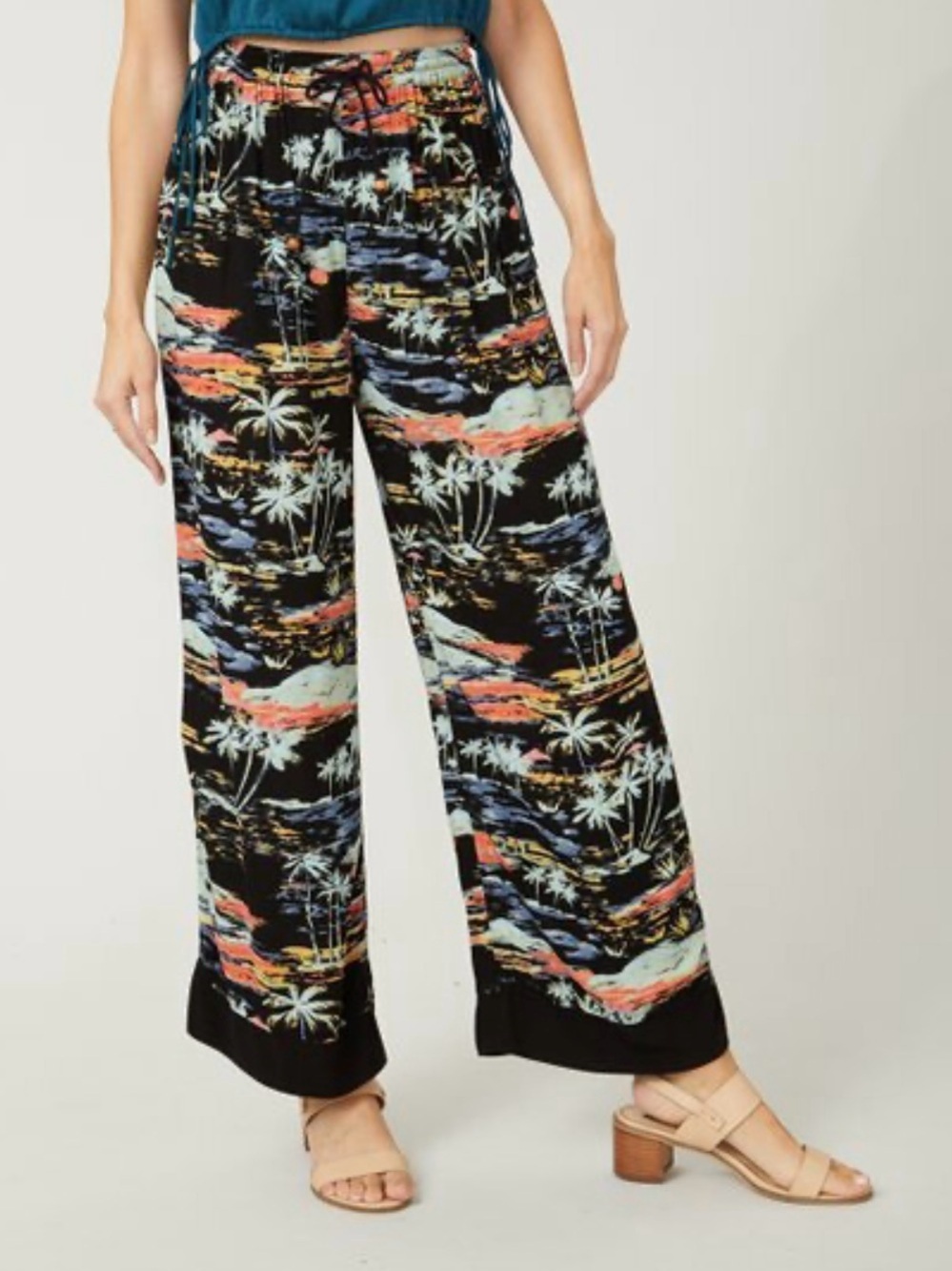 Free People Vacation Cruise Wide Leg Lagoon Tropical Lightweight Pull On Pants